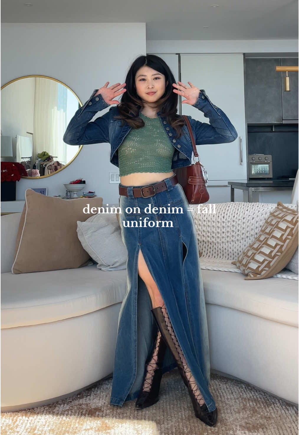 denim on denim never fails #falloutfits #denimondenim #maxiskirt #denimskirt #OOTD 