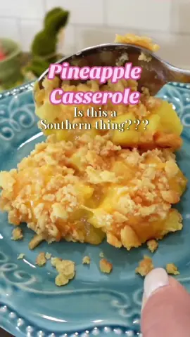 Sweet pineapple, melted cheddar, and buttery Ritz topping… it might sound crazy, but it’s a Southern classic. Would you try this side dish alongside your ham this holiday season? 🥰🍍 Pineapple Casserole 2 cans (20 oz each) pineapple tidbits, drained (save about 1/4 cup juice) 1/2 cup sugar 1/2 cup all purpose flour 2 cups shredded sharp cheddar cheese 1 sleeve Ritz crackers, crushed 1/2 cup melted butter Preheat oven to 350°F. In a mixing bowl, whisk together sugar, flour, and the reserved pineapple juice until smooth. Stir in drained pineapple and mix well. Pour mixture into a greased 9x9 baking dish. Sprinkle shredded cheese evenly on top of the pineapple mixture. In a separate bowl, combine crushed crackers and melted butter, then sprinkle that over the cheese. Bake 25 to 30 minutes or until hot, bubbly, and golden on top. Let it rest a few minutes before serving. #holidayrecipes #casseroles #holidaysidedish #southernrecipes