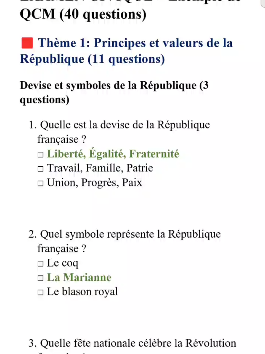 Exemple de l'examen civique ( 40 QCM ) #naturalisation #titre de séjour #entretienD'assimilation