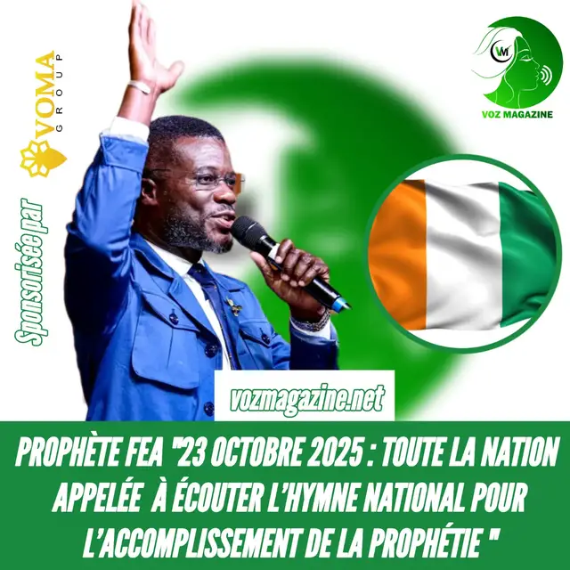 Le 23 octobre 2025, toute la Côte d’Ivoire devra écouter et faire jouer l’hymne national, L’Abidjanaise. Un changement important surviendra à cette date. Un vent nouveau soufflera sur le pays. Où que tu sois ce jour-là, écoute et fais jouer l’hymne national. Il s’agira d’une élection divine : Dieu choisira des leaders dans tous les domaines d’activité. Je ne demande à personne d’aller voir un pasteur ou un homme religieux, ni de faire des offrandes. Il suffit simplement d’écouter l’hymne national, que tu sois au champ, au travail ou ailleurs. Le 23 octobre 2025, un changement s’annonce pour la Côte d’Ivoire. C’est ce que Dieu a prévu. Écoutons tous l’hymne national pour que la prophétie s’accomplisse. Tout le pays doit l’écouter, même dans les rues. Plus d'infos sur vozmagazine.net Chaîne Tik tok lien en bio  #vozmagazine #tiktokivoire225🇨🇮 #election2025 #Dieu #hymnenational 