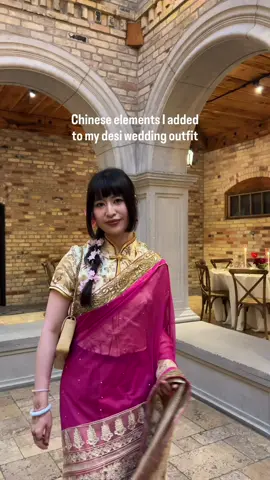 A few special Chinese details I included to honor my culture at my friend’s desi wedding ❣️ #saree #desichinese #cheongsam 