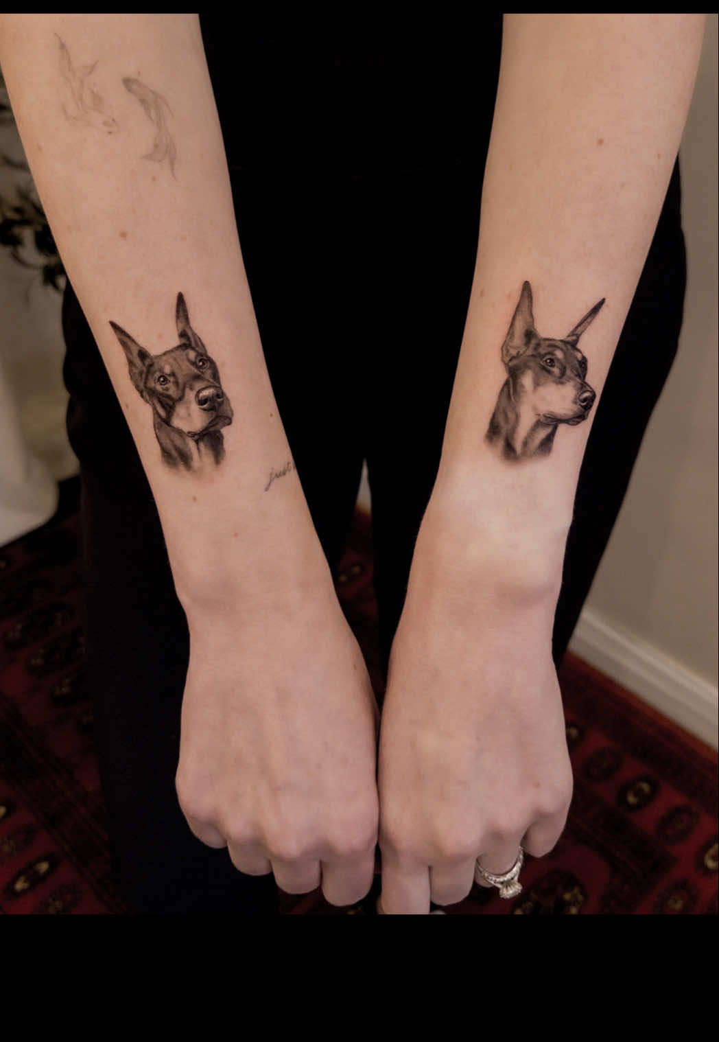 Make sure to stay for the placement photo of this double #doberman pet portrait tattoo. Booking is now open! #dogtattoo #dogs #pettattoo #dobermanpinscher 