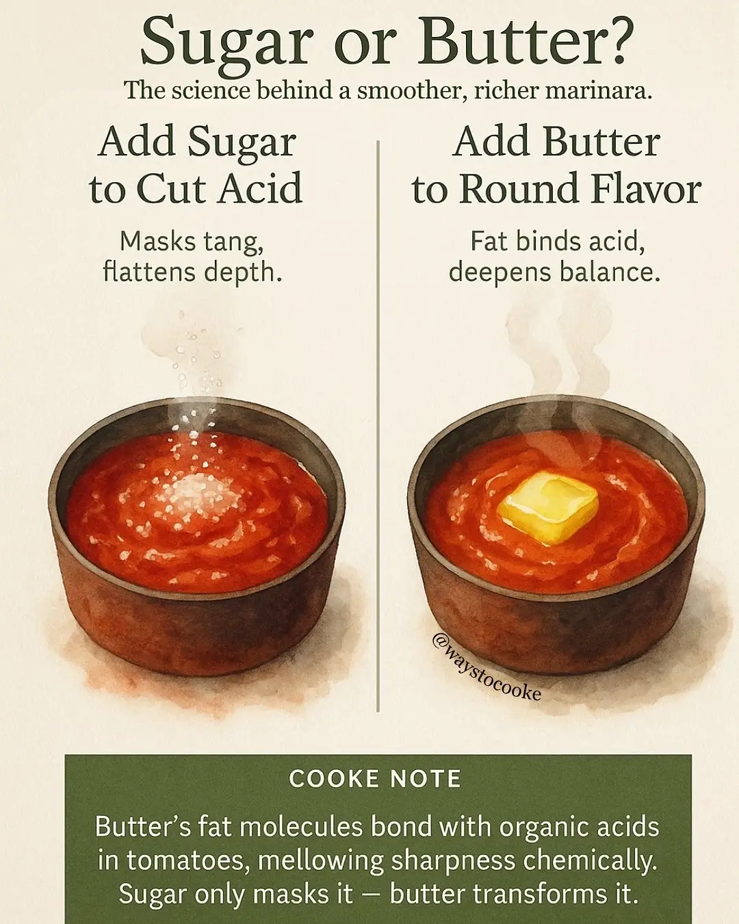 Everyone has a sauce fix they swear by. A pinch of sugar. A splash of wine. A secret your grandma taught you. But the truth is: sugar doesn’t fix acidity, it just distracts your taste buds. Butter bonds with the acid molecules in tomatoes, smoothing them out for real. One hides it. The other transforms it. If you love learning the why behind how food actually works, my Substack is where I take these kitchen debates deeper. 🔗 Find “Ways to Cooke” on Substack or tap the link in bio to learn more.