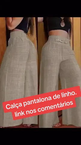 Calça Pantalona feminina de Linho Com Cinto Fake e Cintura Alta Com Bolso