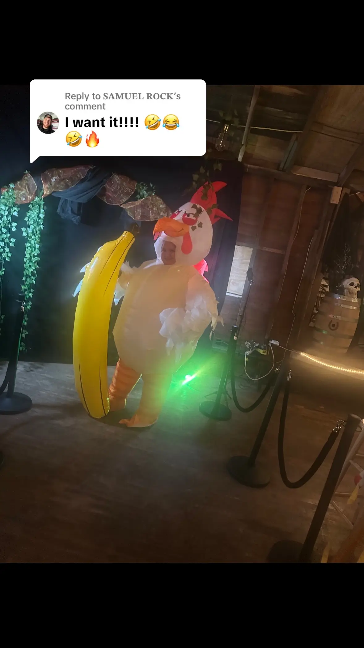 Replying to @𝐒𝐀𝐌𝐔𝐄𝐋 𝐑𝐎𝐂𝐊  I won 1st place for the costume contest. Lol when I won, they started playing the Chicken Banana song. Lol #fyp #chicken #banana #halloween 