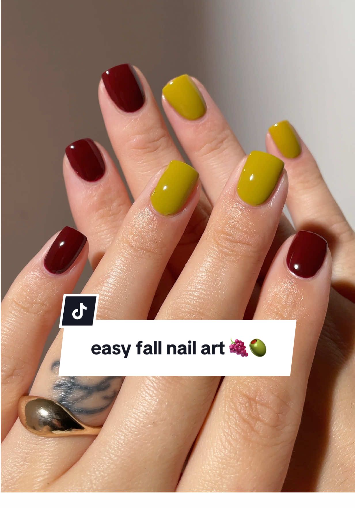 easy fall nail art 🍇🫒 products used: lady marmalade, swamp girl, and totally gelly.  #fallnails #easynails #diynails #shortnails #nailinspo 