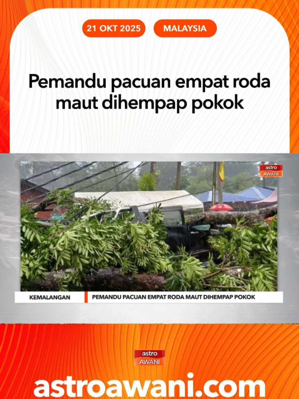 Seorang lelaki maut selepas kenderaan pacuan empat roda yang dipandunya dihempap sebatang pokok besar yang tumbang secara tiba-tiba di Jalan Batang Kali, Selangor petang Isnin. #AWANInews