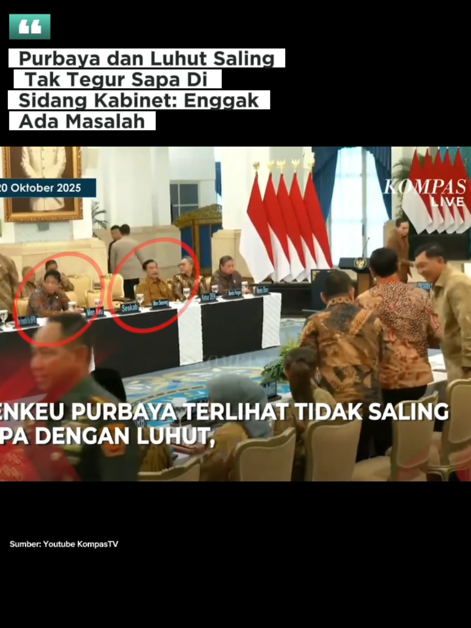 Menkeu Purbaya terlihat saling tak tegur sapa dengan Ketua DEN Luhut Binsar Panjaitan saat Sidang Kabinet di Istana pada Senin (20/10/2025).  