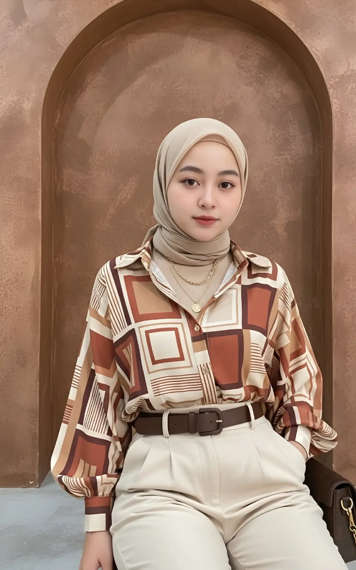 Buatlah gambar ini tanpa merubah wajah dimana seorang wanita mengenakan hijab warna beige, denga Atasan adalah kemeja blouse longgar (oversized) dengan pola color-block atau geometris yang memadukan warna-warna netral dan hangat, seperti krem, beige, cokelat muda, dan merah bata/marun gelap. Polanya terlihat seperti kotak-kotak besar yang dikombinasikan dengan garis-garis vertikal. Siluet: Kemeja ini memiliki potongan longgar (oversized) dengan lengan balon yang memberikan kesan dramatis dan volume pada bagian atas. Detail: Kemeja ini memiliki kerah dan kancing di bagian depan, dengan bahu yang diturunkan (dropped shoulder). Celana panjang berwarna netral, beige pucat, atau khaki yang serasi dengan warna dasar atasan. Kancing bagian atas dibiarkan terbuka, dalaman menggunakan warna senada dengan hijab Potongan: Celana ini memiliki potongan pinggang tinggi (high-waisted) dengan detail lipatan atau pleats yang rapi di bagian depan. Potongan ini mempertegas pinggang dan memberikan kesan kaki yang jenjang. Ikat pinggang lebar dengan gesper besar berwarna cokelat tua atau tan dipakai di atas celana high-waisted. Ini berfungsi sebagai titik fokus dan penyeimbang antara atasan yang longgar dan bawahan yang berstruktur. Perhiasan: Model mengenakan kalung rantai emas dan yang menambahkan sentuhan kemewahan dan modern. Tas Tangan: Terlihat sebagian kecil tas tangan berwarna cokelat gelap (mungkin marun atau cokelat kulit) yang senada dengan elemen warna gelap pada atasan, jangan ubah wajah asli wanita ini Latar belakang warna cokelat bata, dimana dinding bertekstur kasar dengan lengkungan besar, dan lantai warna abu-abu muda. #fyppppppppppppppppppppppp #geminiai #trending #aigemini #hijab 