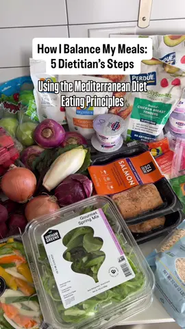 5 Dietitian Steps to Build a Balanced Mediterranean Diet Plate 🥗 Building a balanced plate doesn’t have to be complicated — it’s about using a few simple, evidence-based steps that make every meal more satisfying and anti-inflammatory. 💚 Here are some simple steps : 1️⃣ Start with lean protein — helps stabilize blood sugar and support muscle. 👉 Aim for around 1.2g/kg body weight daily (from fish, poultry, eggs, beans, or yogurt). 2️⃣ Add fiber-rich carbs — think quinoa, lentils, farro, or whole-grain bread to fuel energy and gut health. 3️⃣ Load up on veggies — fill half your plate with colorful produce for antioxidants and volume. 4️⃣ Use healthy fats — drizzle extra-virgin olive oil, add avocado, nuts, or seeds for heart-protective monounsaturated fats. 5️⃣ Flavor with acids, herbs & spices — lemon, garlic, vinegar , onions, and fresh herbs enhance taste and add flavor without relying on excessive salt and fat. 🌿 Dietitian Tip: Balanced meals aren’t about perfection — they’re about consistency. Over time, this Mediterranean Diet approach supports lower inflammation, steady energy, and long-term wellness. Need more support on your healthy eating journey? Save this post and follow for more Mediterranean Diet resources and expert advice. #creatorsearchinsights #MediterraneanDiet #AntiInflammatoryEating #HealthyEating #DietitianApproved 