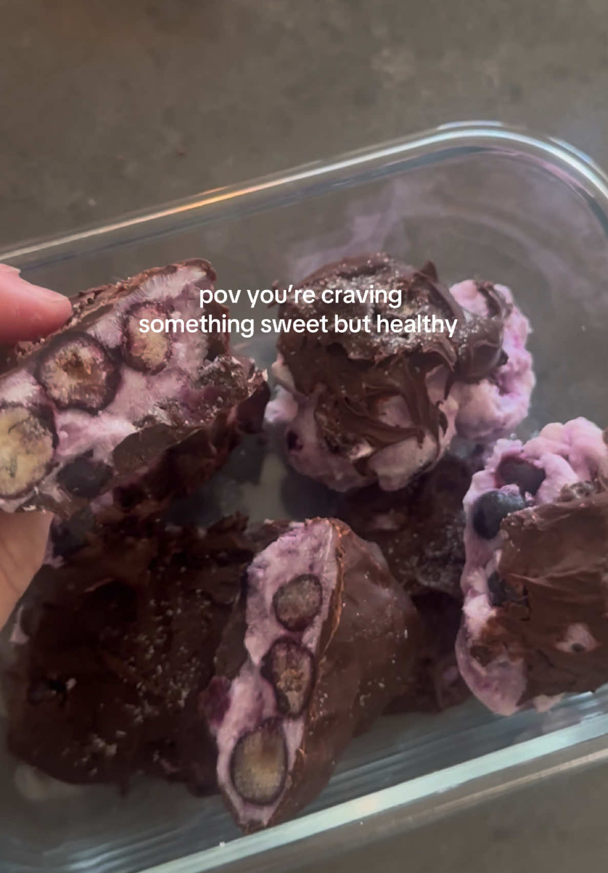 my new fav dessert & SO high in protein 🫐 Recipe: Ingredients: 	•	1 cup blueberries 	•	1 cup Greek yogurt 	•	½ cup melted dark chocolate Instructions: 	1.	Mix blueberries with Greek yogurt until coated. 	2.	Scoop clusters onto a parchment-lined tray. 	3.	Freeze for 1 hour. 	4.	Dip or drizzle with melted chocolate. 	5.	Freeze again for 10 minutes — then enjoy!  #healthydessert #3ingredientsrecipes #healthyrecipes #healthydessertrecipes #healthyfood 