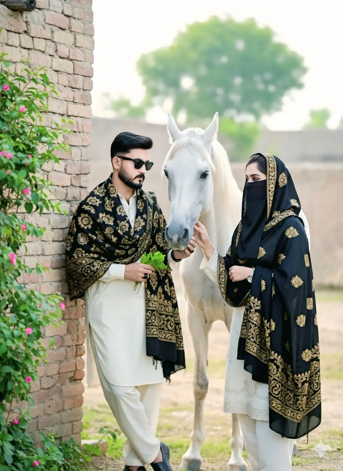 A handsome young man same as reference image with Ray-Ban black mirror glasses is wearing a cream/off-white full-sleeved kurta and has a vibrant emerald black shawl (with golden printed) draped loosely around his neck. He is standing in a village setting/ rustic farm environment, leaning slightly against an old, rough brick wall that is partially covered with lush green creepers/vines and a few pink flowers. He is holding a small bunch of fresh green leaves/fodder in his right hand. Beside him on his right, a majestic, calm white horse is standing close, with its head slightly lowered toward the man's hand and pakistani women (age 30 perfect figure)with same outfit as boy standing beside him. The man is gently touching the horse's muzzle with his left hand. The background is a soft, blurry village scene with abundant greenery and trees under soft, natural daytime light. The mood is warm, serene, and rustic. Photorealistic, high-resolution portrait shot.