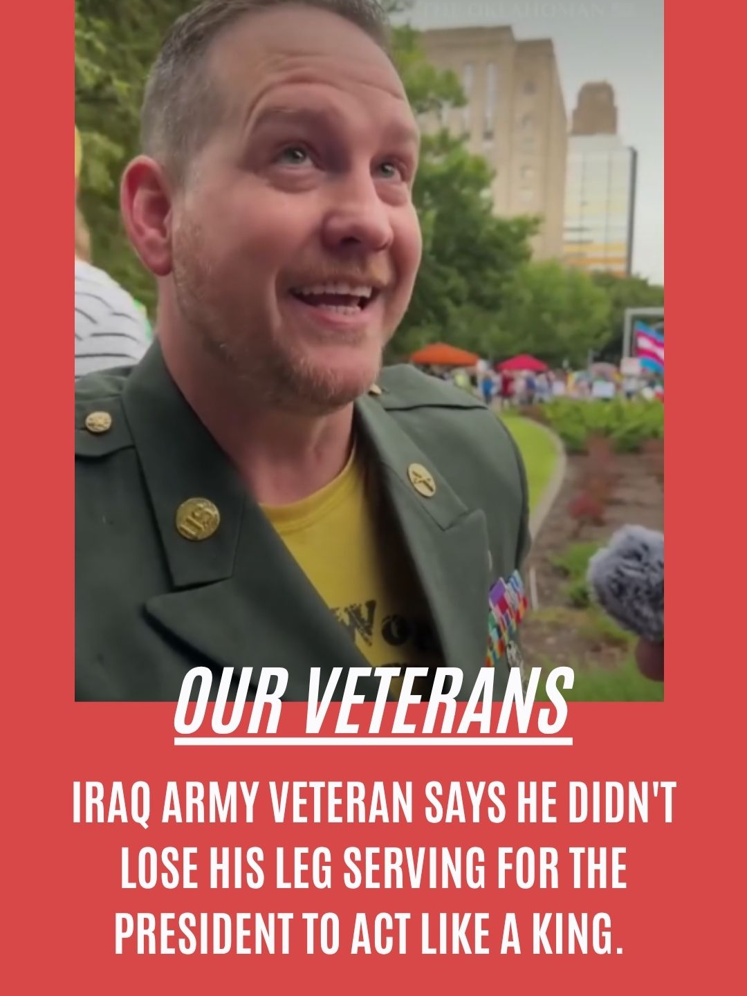 U.S. Army veteran Brian Wofford, who was wounded while serving in Iraq, attended the rally in his green service coat emblazoned with the honors he had earned in the military. 📷️ Dale Denwalt via The Oklahoman #veteran #nokings #storytime
