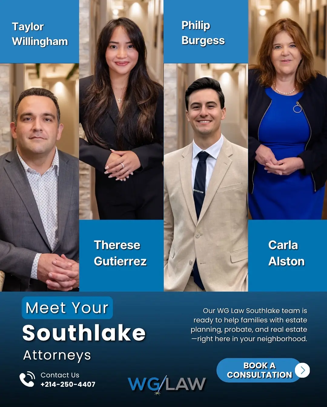 🌟 We’re here, Southlake! Meet the friendly faces behind WG Law’s newest branch — your local team for estate planning, probate, and real estate matters in Tarrant County and beyond. 💬 We believe legal guidance should feel personal, compassionate, and clear. 📍 Our Southlake Office: Lucid Private Offices – Southlake Town Square 1560 E Southlake Blvd, Suite 100, Southlake, TX 76092 Stop by, say hi, or schedule your free consultation today! #WGLaw #SouthlakeTX #EstatePlanningTexas #ProbateAttorney #RealEstateLaw #MeetTheTeam #LawFirmLife #SouthlakeBusiness #TexasLawyers