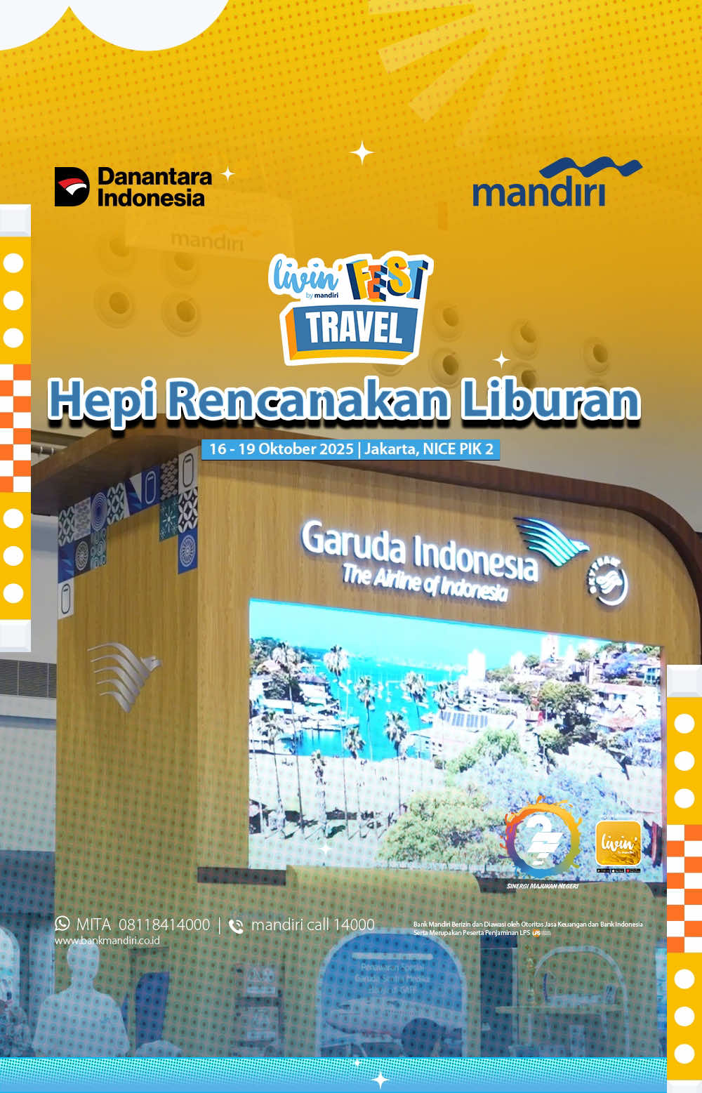 Wujudkan liburan impian bareng Garuda Indonesia Travel Fair di Livin’ Fest 2025 Jakarta! ✈️💛 Banyak yang berburu promo liburan impian bareng Bank Mandiri dan Garuda Indonesia. Penawarannya bikin rencana jalan-jalan jadi makin mudah dan hemat! Bank Mandiri juga pastiin nasabah dapet pengalaman terbaik saat belanja dan siapin perjalanan mereka. Yuk tungguin keseruannya di kota selanjutnya! 🌍✨ *Info lengkap: bmri.id/livinfest Bank Mandiri berizin dan diawasi oleh Otoritas Jasa Keuangan dan Bank Indonesia serta merupakan peserta penjaminan LPS. #LivinFest #HUTMandiriSemuaHepi #Mandiri27Tahun #BankMandiri