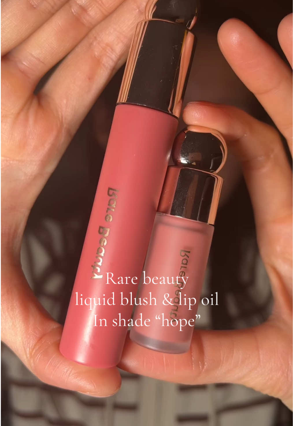 Rare beauty liquid blush and lip oil, both in shade hope Love this combo!! #makeupcombo #rarebeauty #liquidblush #lipoil #glowymakeup 