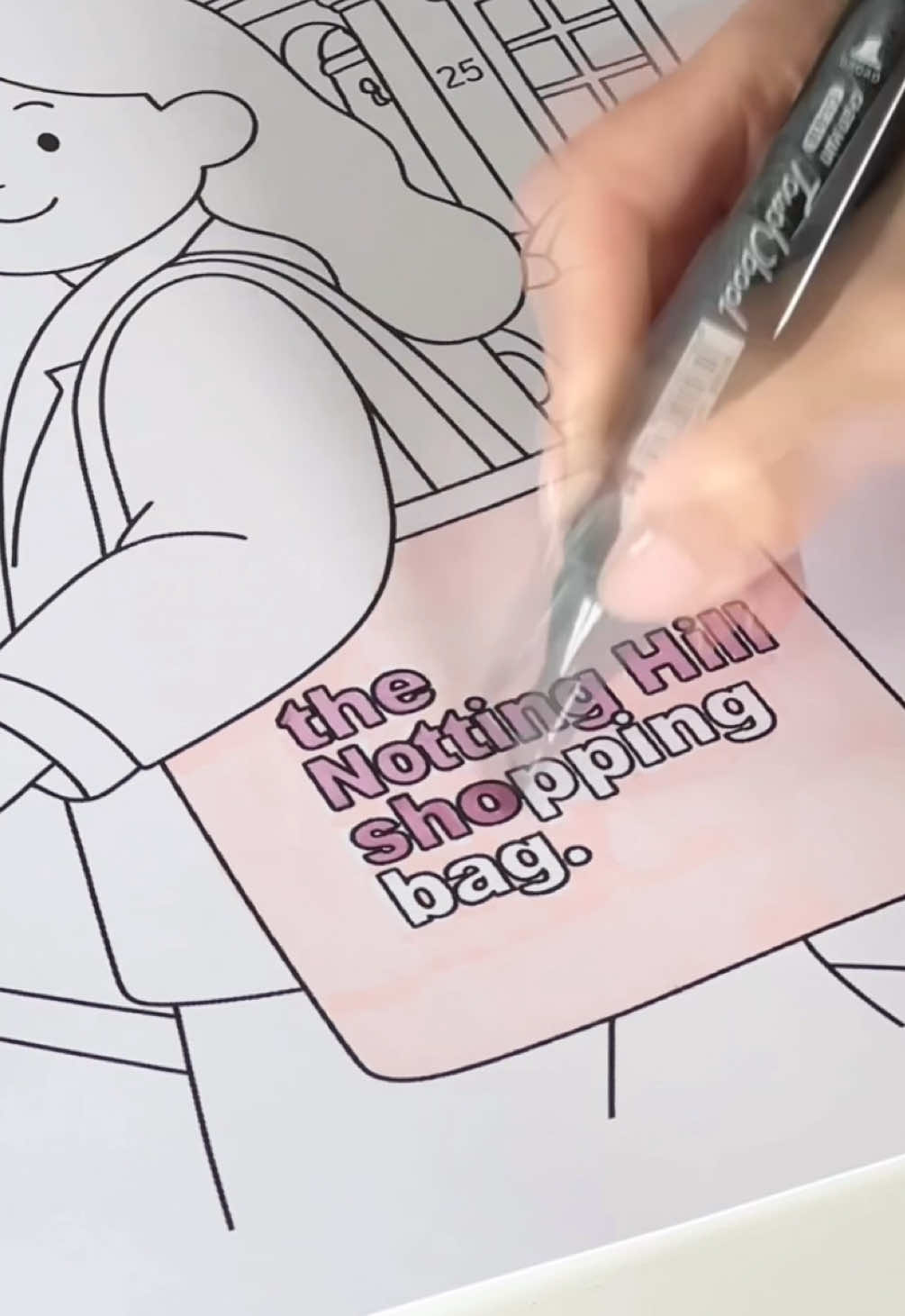 colouring my Notting Hill girl page 💜 trying pink + purple for the tote because she’s giving soft girl energy 🎀 #londonaesthetic #nottinghill #colouringpages #nottinghillshoppingbag #colouringbook 