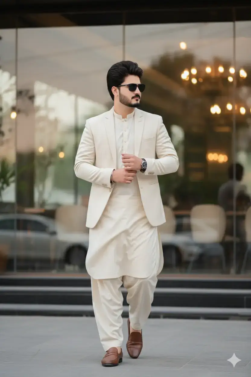 A man wearing off-white shalwar kameez with a minimal collar style and also off-white blazer, walking past the Beverly Junction cafés area in Islamabad. His one foot is ahead, coat edge of the kameez slightly lifted by breeze, creating a motion effect. He's glancing softly to the right side while adjusting his sleeve. Reflections from glass cafés behind him shimmer in soft evening tones. Branded brown loafers add understated class. The background shows cars, lights, and greenery blurred slightly for a luxury cinematic depth. The overall vibe calm confidence, elite taste, and effortless desi sophistication. The face is 100% same as in the reference photo. Plz don't change the face. #dontunderreviewmyvideo #Geimini #prompt #fyp #foryoupage 