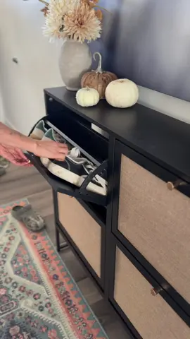 There will be no more tripping over shoes in this house. I found the perfect shoe storage solution with this shoe cabinet, it also made my entry way look so adorable! #shoestorage #shoeorganizer #organizedhome #tiktokshopcreatorpicks #smallspaceliving 