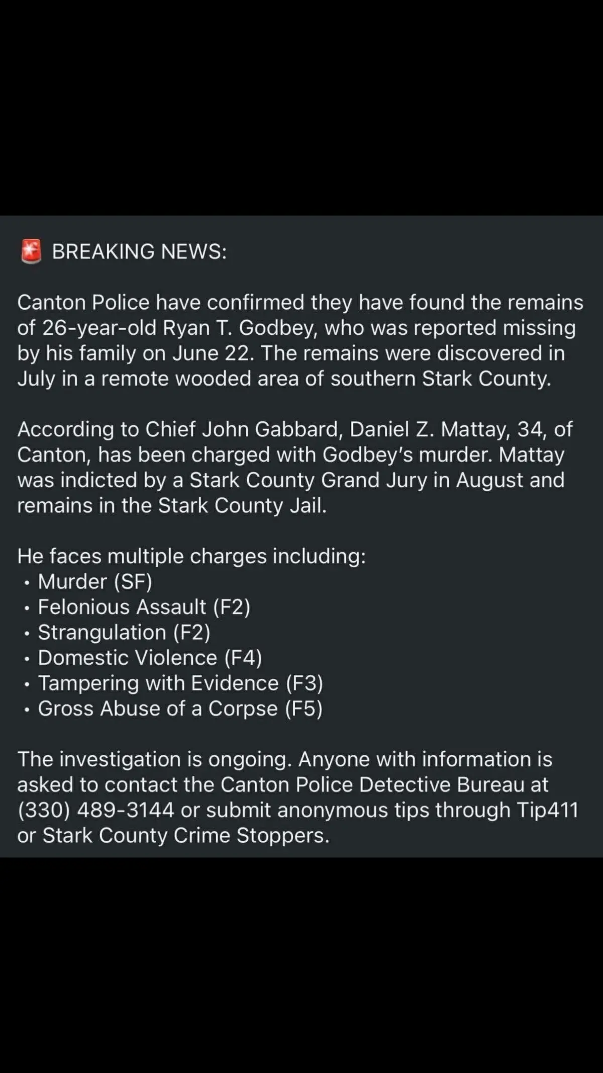There is no easy way to receive this news. Canton Police have confirmed that the remains found in July belong to Ryan “JJ” Godbey. May their name be held with dignity. May those who loved they be surrounded with gentleness in the days ahead.  Hold this community close. Grief like this echoes through all who hoped, searched, and cared. May you finally rest in peace, JJ
