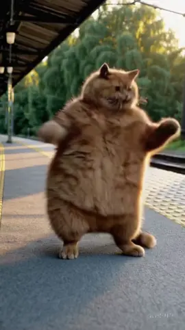 🚉🐱 Waiting for the train? Nah, just vibing! 🎶😂 This chonky cat’s got rhythm and zero worries! 💃✨
