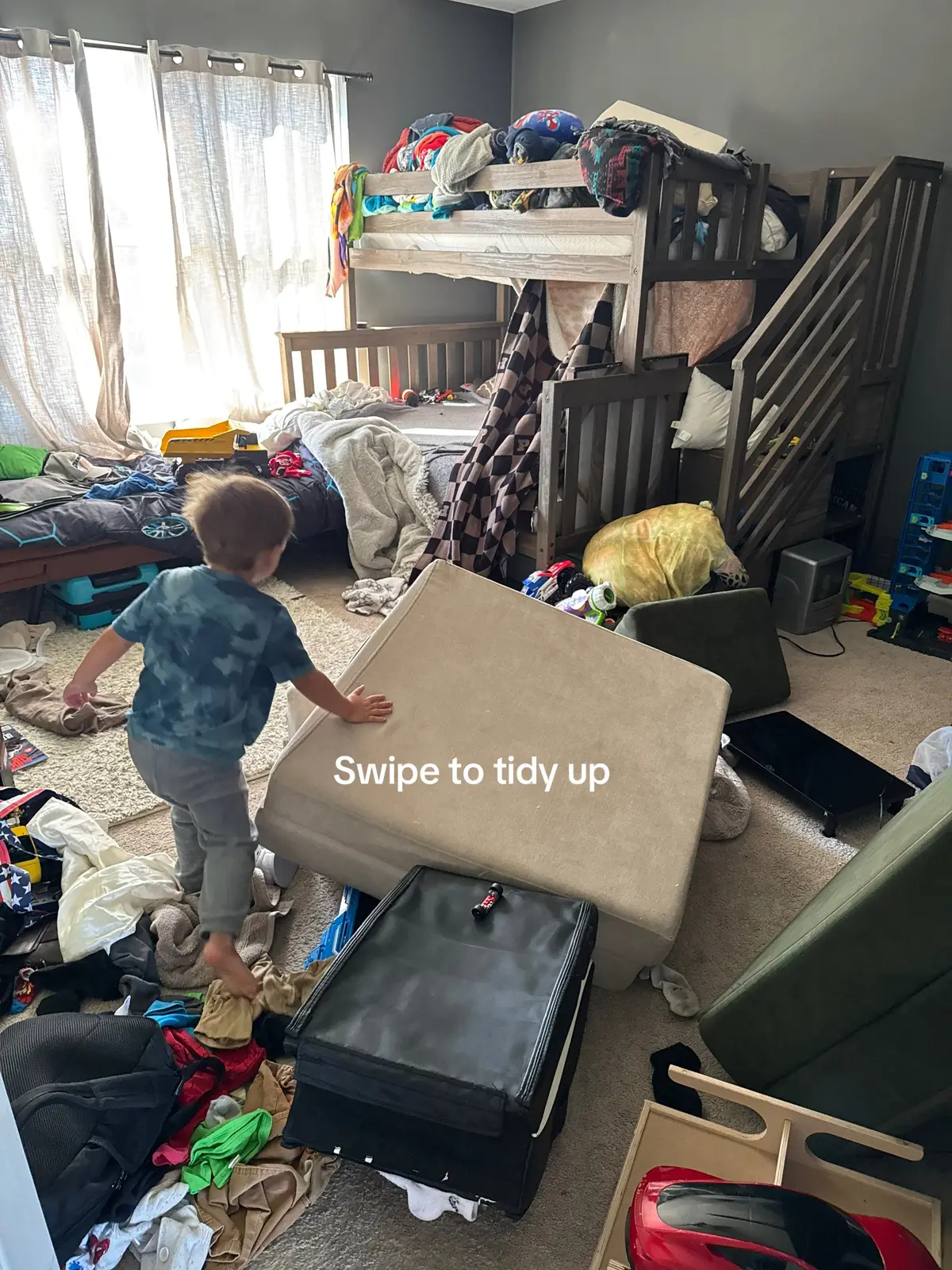 Yall this is less than a week of a mess. It’s insane to me how one kid can be so tidy and the other can be like this. 😅 I always tell him it’s a fire hazard and he gets scared but never wants to upkeep.  #cleanwithme #momof5 #MomsofTikTok #sahm #messykids 