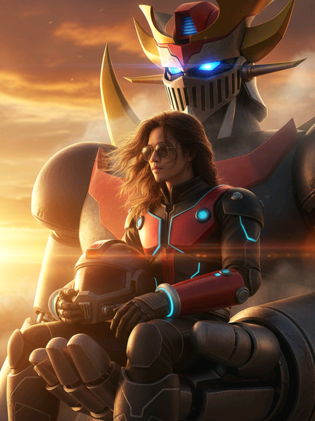 Cinematic Prompt - Pilot Sitting on Mazinkaiser's Hand (Heroic Sunset Scene) A heroic male pilot sitting in the massive open palm of Mazinkaiser, holding his pilot helmet with one hand and gazing sideways toward the glowing sky, cinematic sunset lighting, warm orange-red tones, soft golden light reflecting on the mecha's metallic armor, detailed black-red pilot suit with blue glowing accents, wind blowing his hair, expression calm and proud, Mazinkaiser towering behind him with blue glowing eyes, smoke, lens flare, and light rays in the background, ultra-realistic 8K, film tone mapping, dramatic composition, emotional and epic atmosphere, inspired by Pacific Rim and Mazinger live action poster, replaceable face.