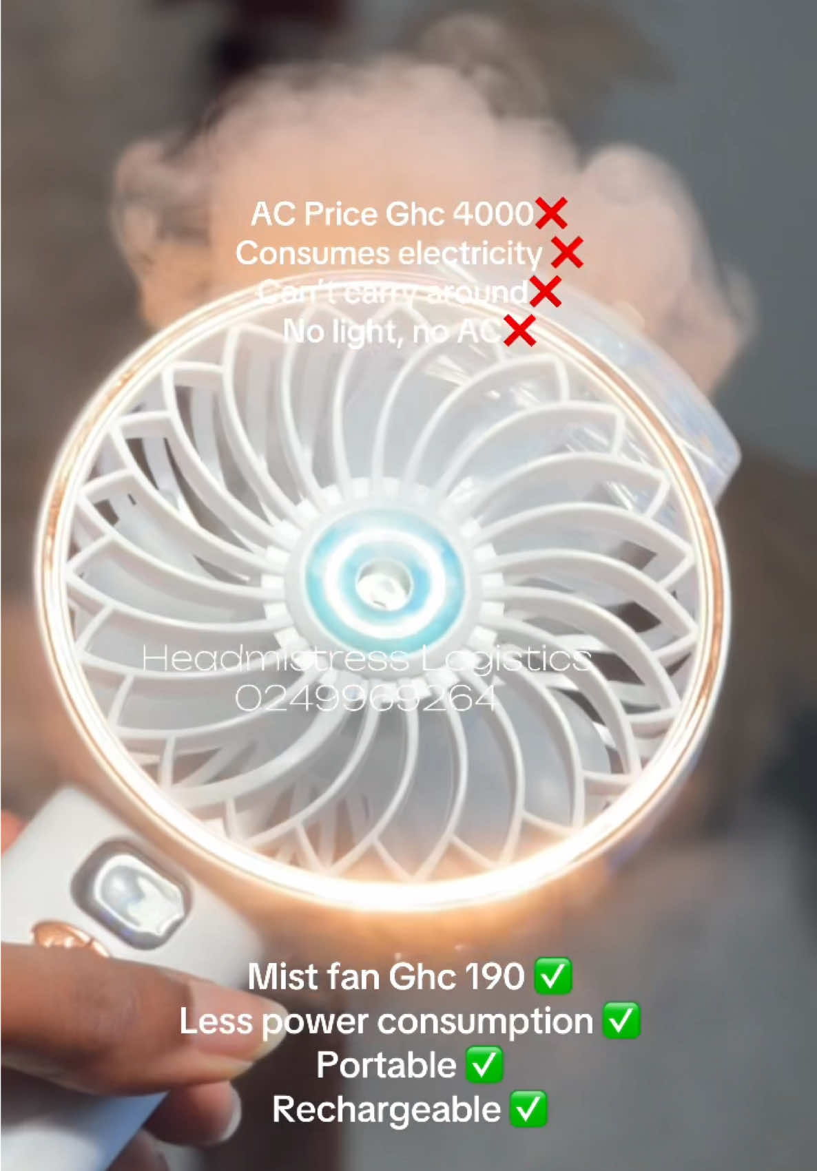 We outside, so many activities this season, do you have one of these Ac /Mist handheld fans yet .  Ghc 190  Available in 4 colors  Blue White Peach Green WhatsApp on 0249969264 to place your order .  #creatorsearchinsights 