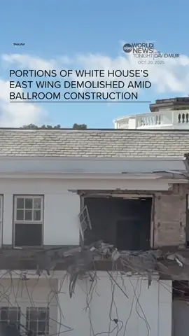 On day 20 of the #government #shutdown, video shows construction crews at the #WhiteHouse's East Wing tearing down walls to make room for Pres. #Trump’s vast new #ballroom. The East Wing was constructed in 1902 and has been renovated before, including a 1942 renovation that added a 2nd story, according to a press release from the White House announcing the ballroom's renovation. More this evening on #WorldNewsTonight.