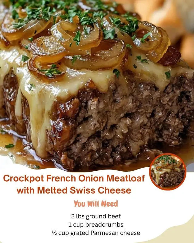 🧅 Crockpot French Onion Meatloaf with Melted Swiss Cheese Ingredients For the Meatloaf: 2 lbs ground beef (80/20 blend works best) 1 cup breadcrumbs ½ cup grated Parmesan cheese 2 large eggs 1 packet (1 oz) French onion soup mix or 2 Tbsp dried onion flakes + 1 tsp onion powder + ½ tsp garlic powder ½ cup beef broth 1 Tbsp Worcestershire sauce 1 tsp salt ½ tsp black pepper For the Caramelized Onions: 2 large yellow onions, thinly sliced 2 Tbsp butter 1 Tbsp olive oil ½ tsp sugar ¼ tsp salt For Topping: 6–8 slices Swiss cheese 1 Tbsp chopped fresh parsley (for garnish) Instructions Caramelize the Onions In a skillet, melt butter and olive oil over medium-low heat. Add sliced onions, sugar, and salt. Cook slowly, stirring occasionally, for 25–30 minutes until golden brown and tender. Remove from heat and set aside. Make the Meatloaf Mixture In a large bowl, combine ground beef, breadcrumbs, Parmesan, eggs, soup mix, beef broth, Worcestershire sauce, salt, and pepper. Mix gently until just combined—don’t overwork the meat. Shape and Assemble Line your slow cooker with parchment paper or lightly grease it. Shape the meat mixture into a loaf and place it in the crockpot. Spoon half of the caramelized onions over the top. Cook Cover and cook on LOW for 6–7 hours or HIGH for 3–4 hours, until fully cooked (internal temp 160°F). Add Cheese During the last 15 minutes, layer Swiss cheese slices over the top of the meatloaf. Cover until melted and bubbly. Finish and Serve Top with the remaining caramelized onions. Garnish with chopped parsley. Serve with mashed potatoes or buttered green beans, spooning the savory onion juices from the crockpot over each slice. Optional Add-Ons Add ¼ cup of sour cream or heavy cream to the meat mixture for a softer, juicier loaf. Swap Swiss cheese for Gruyère for a more authentic French onion flavor. Pour an extra ½ cup of beef broth into the bottom of the crockpot for extra sauce. #beef #french #onion #Recipe #cheese 