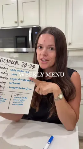 Help me come up with amazing hashtags for this caption. It’s me making the menu for the week!  Menu for the week!! Trying to keep it easy and make enough for leftovers on Thursday/lunches. YUM! Do these style videos help you plan?  Monday - White Chicken Chili by @broccyourbody I made it last week and it’s going to be on the rotation every week. So good. And makes for good leftovers. Been using @brodo!  Tuesday - tacos!!! Just onion, meat, Trader Joe’s taco seasoning with mini low carb tortillas and cheese  Wednesday - burgers with caramelized onions, I’ll probably add in some sliced jalapeños too. Making easy truffle Parmesan fries with @Osmo Kitchen truffle salt.  Thursday - leftovers!!!  Friday - frozen kung pao chicken and rice. Another one of our Trader Joe’s staples.  #WeeklyMenu #EasyDinnerIdeas #TraderJoesMeals #WhatsForDinner #BusyMomCooking 