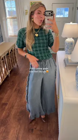 100% cotton🤭! And SO affordable!! Boutique quality on a TikTok budget for sure!❤️ work friendly and also perfect for my teacher friends!  I sized up to a large- they are so flattering and so comfy! ##workpants##comfycasual##jeans##teacherootd##boutiqueclothing