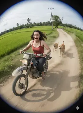 Two dogs are chasing me. Gemini  Ai  funny videos.  PROMPT 👇: @Ate My 🌸:Ultra-realistic 4:5 vertical format fisheye selfie of me riding a bicycle or motor at high speed on a dirt road surrounded by green rice fields and trees. The person looks extremely shocked and scared, while being chased by three aggressive dogs running behind them. One of the dogs is leaping mid-air with its mouth open. The scene is full of motion blur and dust to emphasize the speed and urgency. The bike is tilting slightly, and the person's clothes are flapping in the wind. Replace the original rider's face with the uploaded image, keeping expression's exaggerated for comic effect. Ensure the lighting, skin tone, and facial angles match naturally. High camera angle. Extreme fisheye distortion. Realistic, cinematic lighting, anime characters integrated with stylized realism. #Gemini Ai  funny videos  #tiktok  #fyp