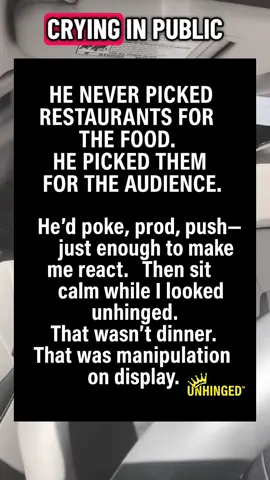 He didn’t want dinner. He wanted a stage. And every public place became a test I didn’t know I was taking. Manipulation isn’t always behind closed doors— sometimes it’s served in plain sight.#fyp #narcissist #healing #startingover #genx @SisterhoodFoundation