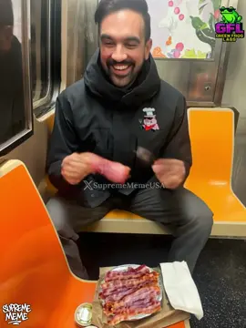 Mamdani eating some bacon trying to win over Americans in NY. #mamdani #nyc #trolling #memes #politicalsatire 