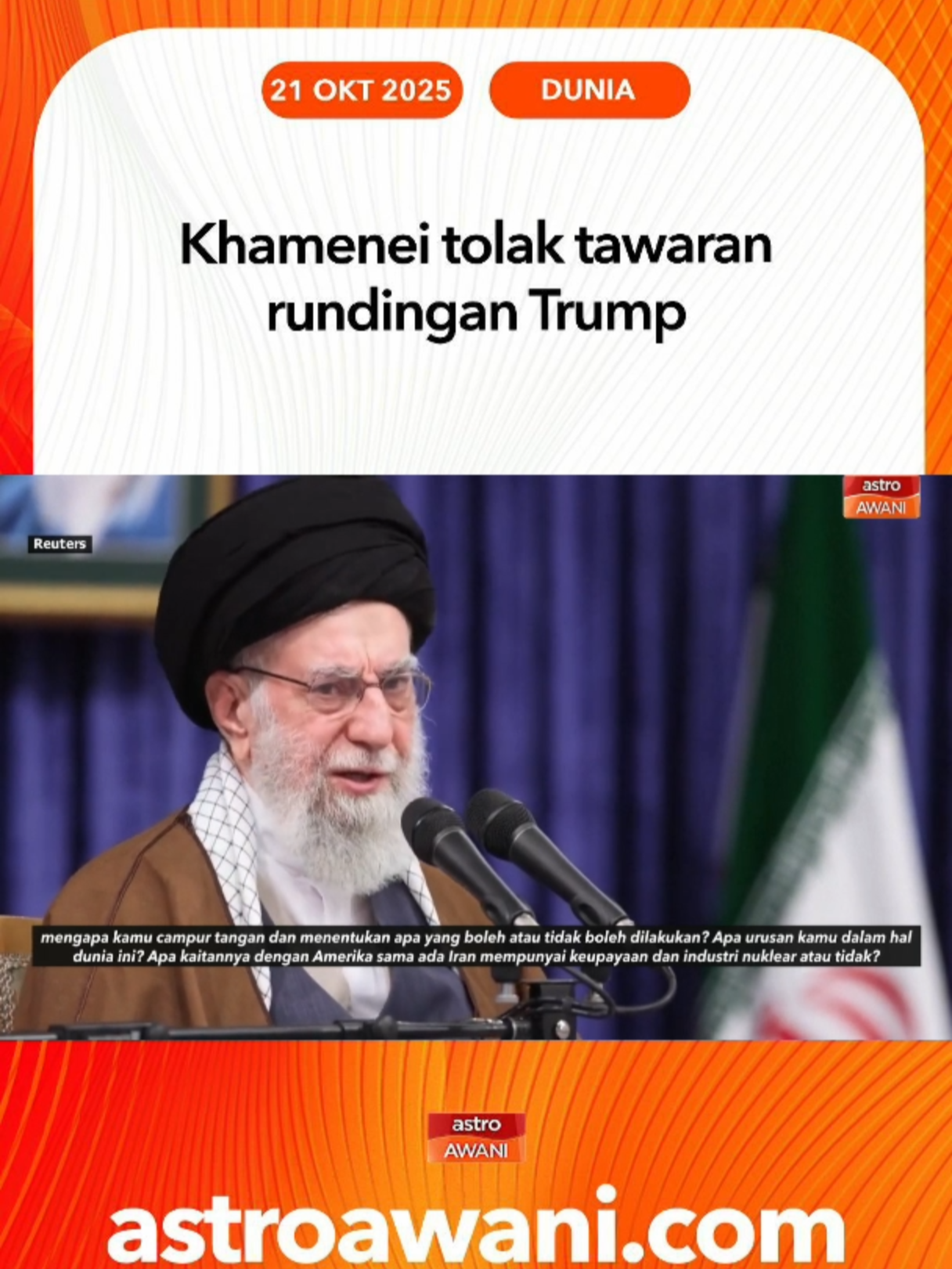 Pemimpin Tertinggi Iran, Ayatollah Khamenei menolak rundingan semula dengan AS dan kecam campur tangan Washington dalam isu nuklear, sambil menegaskan program Iran bersifat tenaga awam. #AWANInews