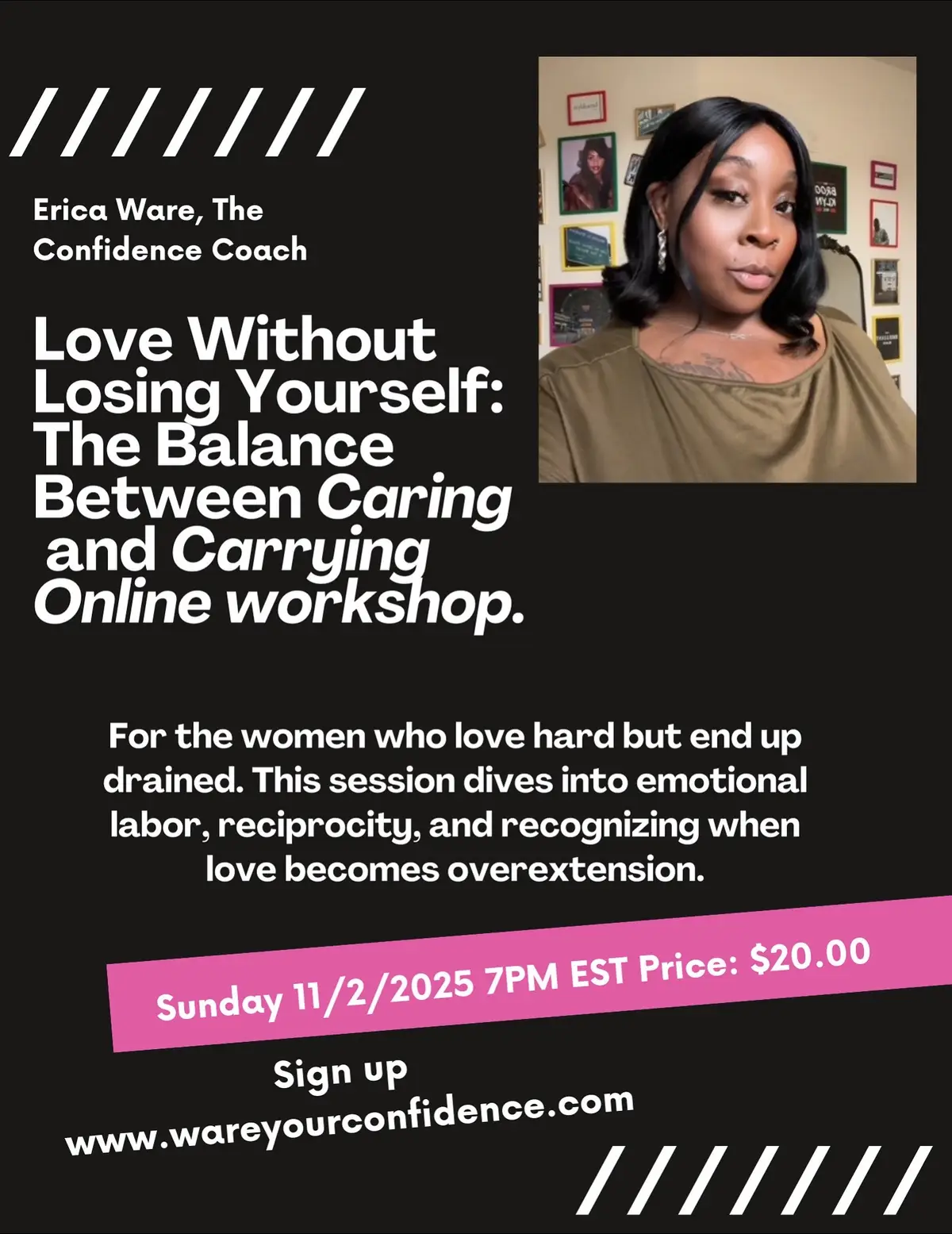 Sometimes love teaches us lessons we didn’t ask for. Like how to carry others better than we carry ourselves. But you deserve a love that doesn’t drain you. Join me for an evening of a heart-healing, for women ready to give love without losing themselves. First 20 women to register will receive My Self-Worth Starter Kit for free. Link in bio or comment “Love” for sign up info! #TheConfidenceCoach 