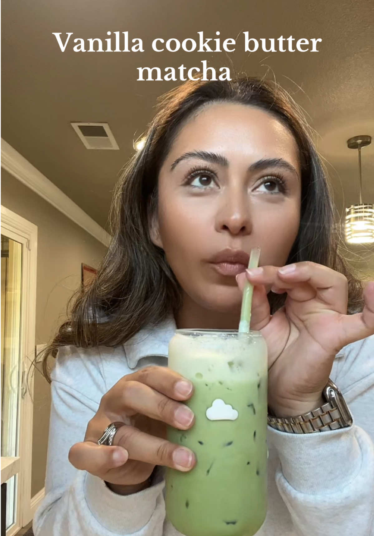 Vanilla cookie butter matcha latte! I finally got my hands on the @Chobani cookie butter creamer!  2 tsp @Ujido Matcha from @Sprouts Farmers Market  1 tbsp @Trader Joe's vanilla bean syrup 40ml hot water  8oz milk 2 tbsp Chobani cookie butter creamer