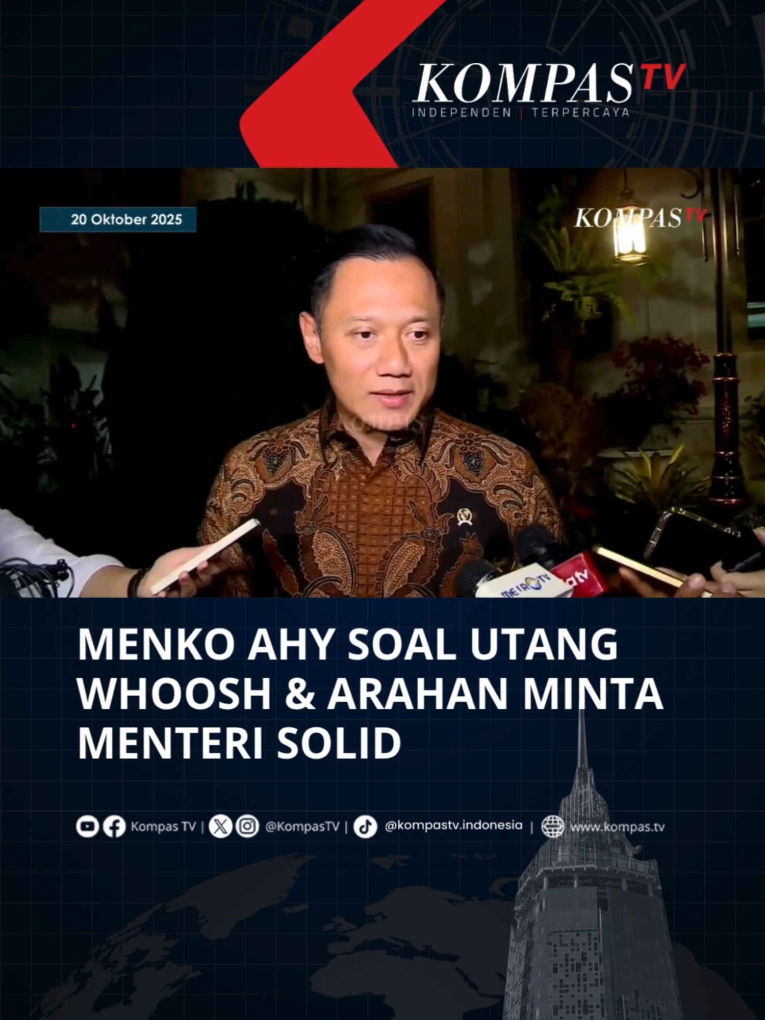 Menteri Koordinator Bidang Infrastruktur dan Pembangunan Kewilayahan Agus Harimurti Yudhoyono (AHY) merespons terkait utang proyek Kereta Cepat Jakarta-Bandung.  Menurutnya utang yang harus segera diselesaikan tidak boleh kemudian menghambat rencana besar untuk mengembangkan konektivitas berikutnya tadi Jakarta sampai dengan Surabaya. Lebih lanjut AHY juga menyampaikan pesan Prabowo kepada Kabinet Merah Putih untuk tetap solid. Tulis komentarmu dan dapatkan berita terkini lainnya di www.kompas.tv dan youtube.com/kompastv #SOROTKompasTV #TikTokBerita