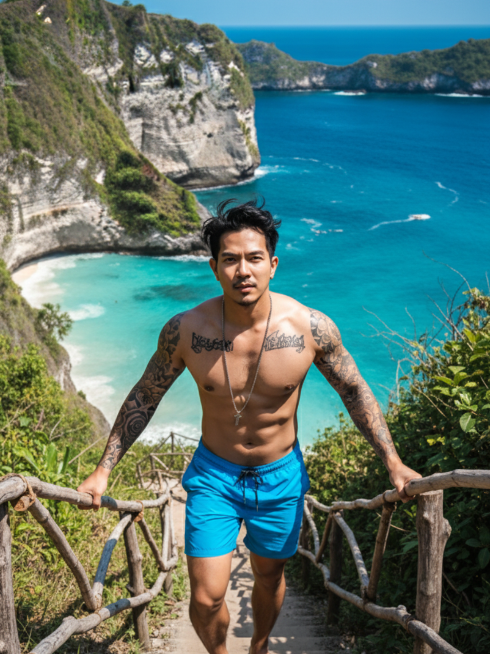 prompt: Make an ultra-realistic daylight portrait using 100% of the original face and body of a young man with fair skin, messy dark hair, and a lean, muscular physique. He’s captured mid-step, wearing bright blue swim shorts and a black slides, confidently descending the handmade wooden branch stairs toward Kelingking Beach, Nusa Penida, Indonesia. His gaze meets the camera with a calm yet adventurous energy, as sunlight glows warmly across his skin. The turquoise-blue ocean below shimmers under the clear sky. Around him, rugged cliffs, sunlit rock formations, and lush greenery frame the path, evoking a sense of wild island exploration. The scene embodies the spirit of freedom, wanderlust, and tropical adventure. Photorealistic 8K quality, cinematic natural lighting, vivid coastal tones, fine detail, and immersive atmosphere. #gemini #ai 