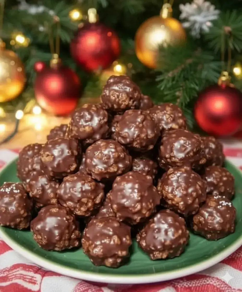 Chocolate Rice Krispie Balls! Ingredients: Moderation… ½ cup peanut butter 3 tbsps soft butter 1 tsp vanilla 1 cup Rice Krispies ½ cup chopped pecans 1 cup shredded coconut Steps: Mix together,refrigerate for a half hour or longer and then form into balls. Return to fridge and let chill at least an hour. Melt the following together in a double –boiler: 1 package chocolate chips, 1 square sweet chocolate Keep on low so that chocolate remains soft. Drop balls into chocolate mixture one at a time using a fork to roll them so that the chocolate will cover. Let set on parchment paper in fridge. They freeze well. #viral #christmas #ChristmasCookies #HolidayTreats #fyp 