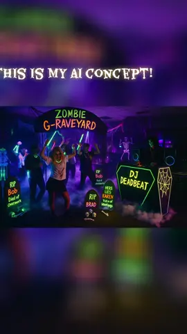We needed a DJ booth for our work Halloween so we made one and a G-RAVE YARD sign! 💀🎧 Started with an AI-generated rave theme… then built THIS!!! What do you think?! 👻🔥 #halloweendecor #GRAVEyard #DIY #officeparty #spookyseason @Greatestshow99 
