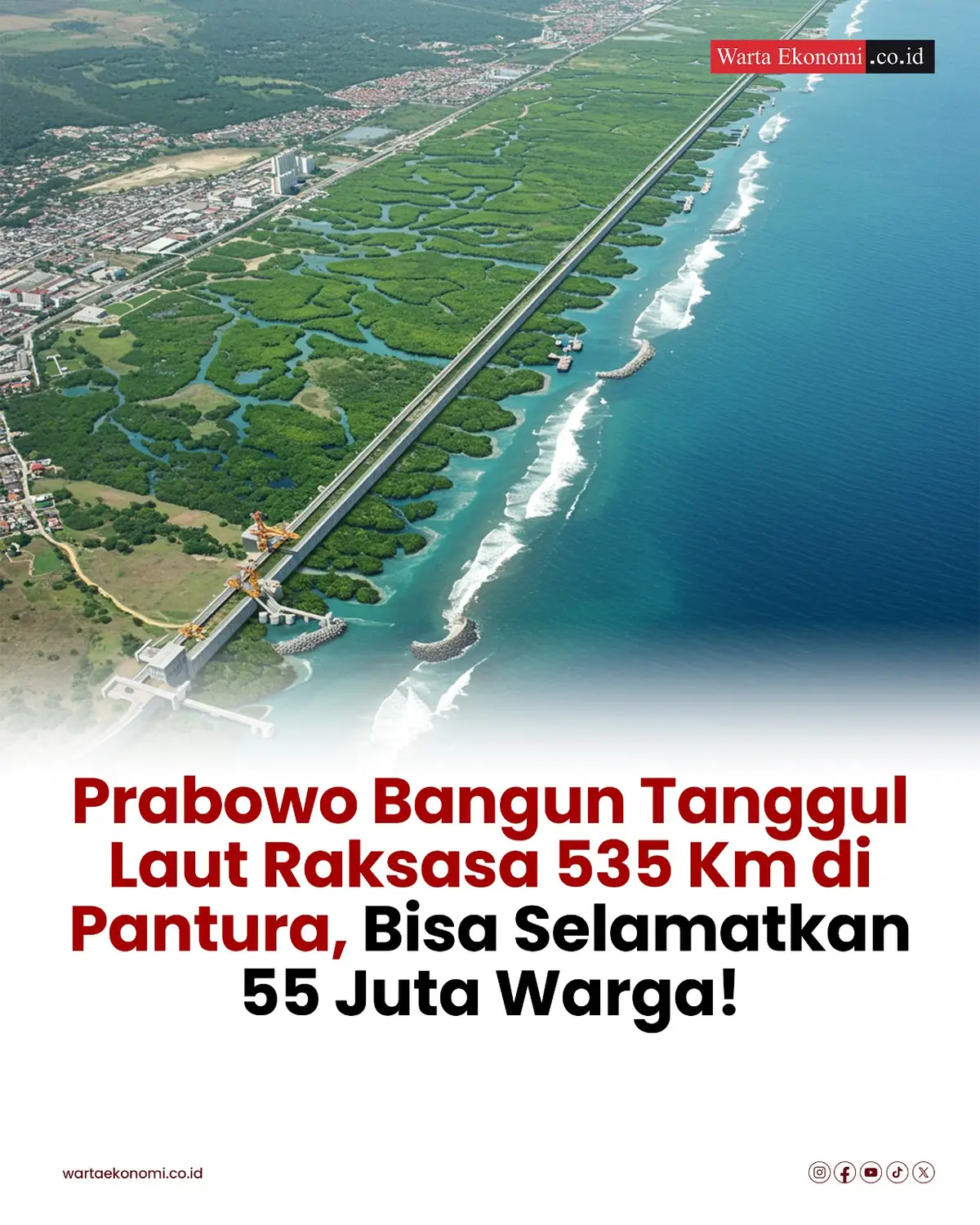 Presiden Prabowo Subianto mengumumkan rencana pembangunan tanggul laut raksasa atau giant sea wall sepanjang 535 kilometer di sepanjang Pantai Utara (Pantura) Jawa. Proyek strategis nasional ini disebut akan melindungi hingga 55 juta penduduk yang tinggal di wilayah pesisir dari ancaman banjir rob dan kenaikan permukaan laut. “Kita sudah mulai persiapan untuk membangun tanggul laut di pantai utara Jawa. Ini untuk menyelamatkan 55 juta penduduk,” kata Prabowo. Menteri Koordinator Bidang Infrastruktur dan Pembangunan Kewilayahan Agus Harimurti Yudhoyono (AHY) menambahkan, pembangunan tanggul laut tersebut tidak sepenuhnya berbentuk beton. Pemerintah akan menggabungkan infrastruktur keras dengan solusi alami melalui penanaman mangrove di sejumlah titik. Pendekatan ini diharapkan mampu menahan abrasi sekaligus menjaga kelestarian ekosistem laut di kawasan Pantura. Naskah dan Desain: Asep Suherman #prabowosubianto o #giantseawall  #panturajawa  #ahy  #infrastruktur 