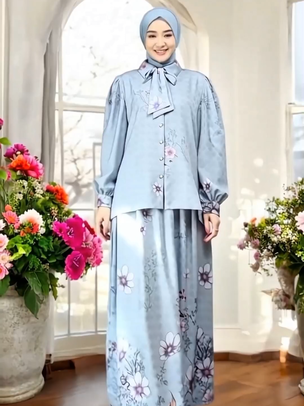 Azalea Set Rok One Set Setelan Premium Wanita Muslim (Muat LD 120cm) 817 -Bahan Lunara Twill, Wudhu dan Busui Ibu Menyusui Friendly, Desain Cantik Manis Elegan Nyaman Untuk Harian, Motif Bunga Lengan Panjang Pinggang Karet Kancing Depan Mewah #dresswanita #oneset #setelanwanita #busuifriendly #wudhufriendly 
