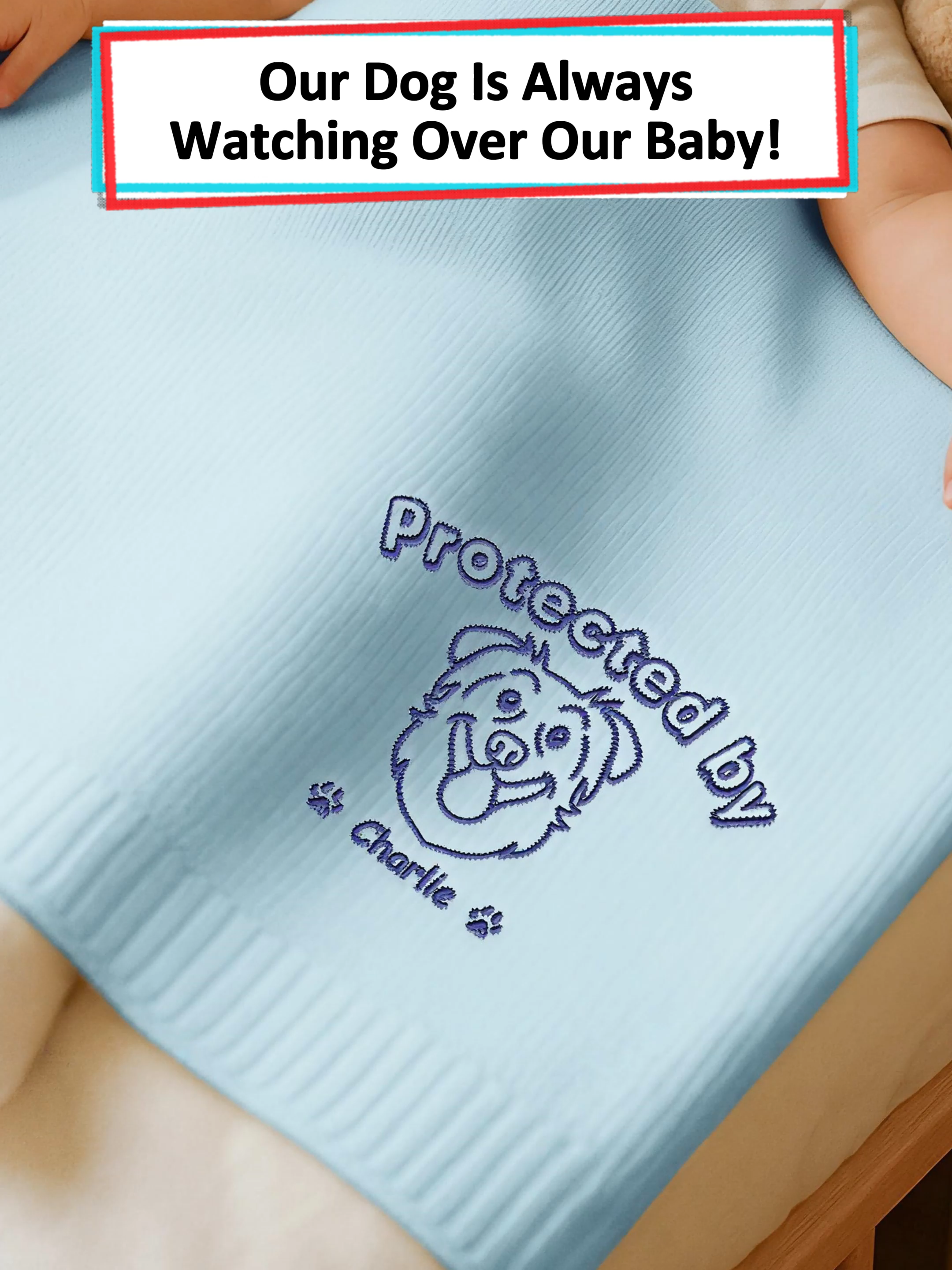 We got this sweet blanket for our baby. Our dog watches over them like the best protector ever 🥰 #wanderprints #personalized #gifts #giftfornewparents #giftforbaby