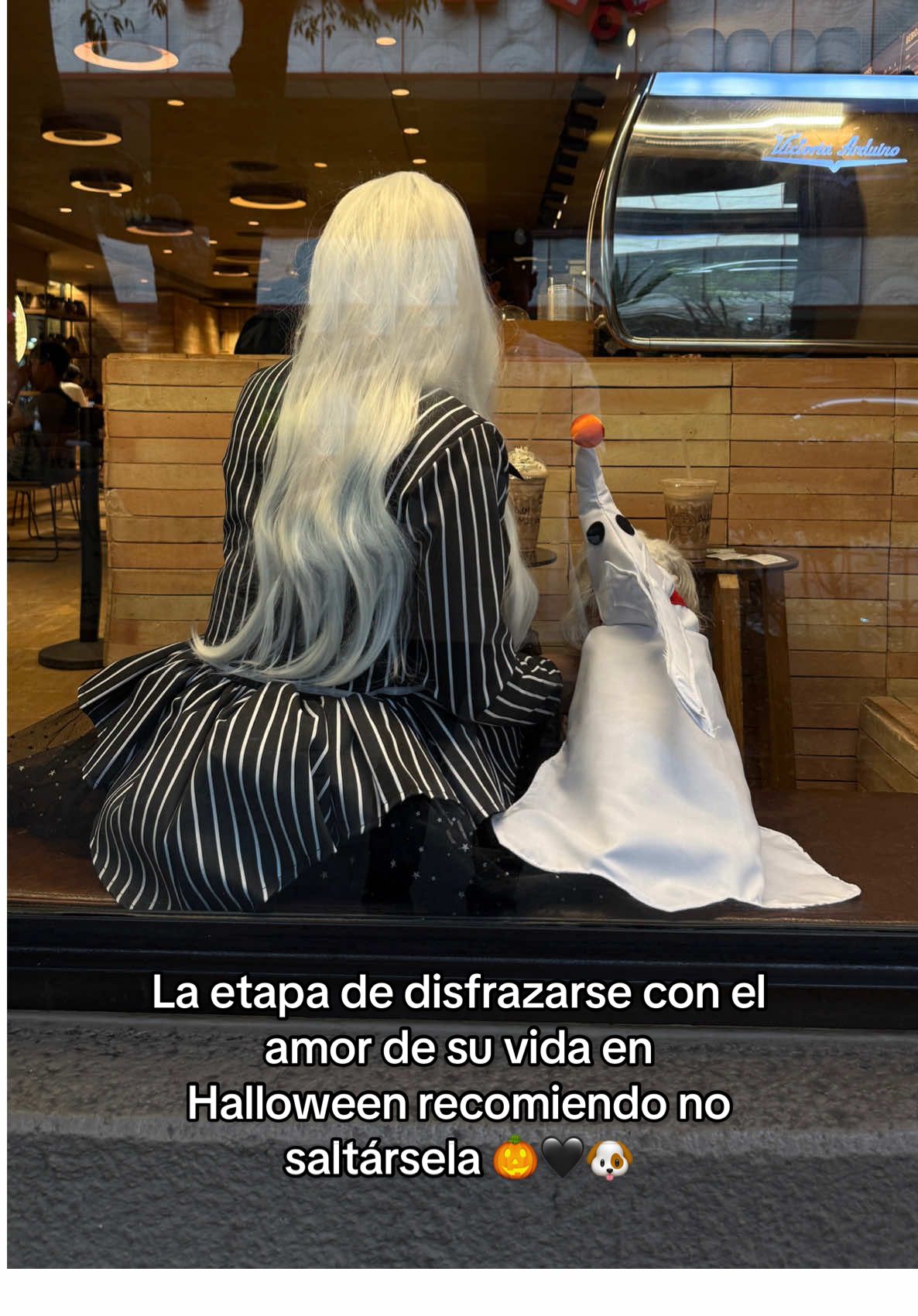 Jack y Zero se tomaron el día para ir a una cafetería a comer un pan de muerto y un frappe e🐶🖤🧋🎃👻 . . #bbpqn #jackskellington #zaro #elextrañomundodejack #halloweencostume 