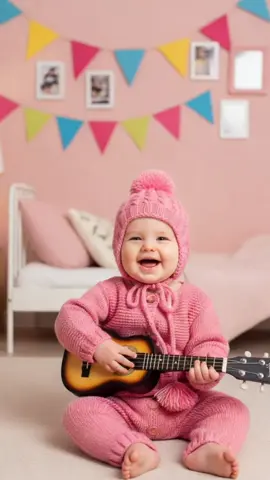 Si kecil tampil menggemaskan dengan baju rajut pink sambil bermain gitar kecil! Senyumnya cerah seakan menyanyikan lagu kebahagiaan 💕🎶 #BayiLucu#GayaImut#SenandungCeria#CintaAnak#MomenBahagia