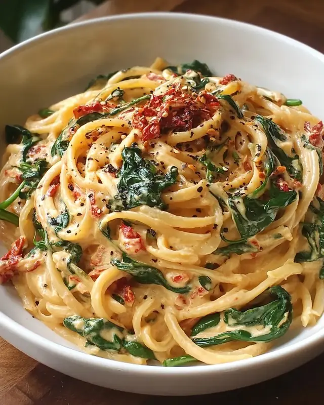 This Spaghetti & Spinach with Sun Dried Tomato Cream Sauce is a 20-minute weeknight dream! With the bold, tangy flavor of sun-dried tomatoes and the richness of sour cream and Parmesan, it delivers cozy comfort in every twirl. The best part? The spinach wilts effortlessly with the heat of the pasta, no extra steps required! Quick, creamy, and anything but boring!! Ingredients 5 ounces baby spinach, coarsely chopped 8 ounces whole wheat spaghetti ½ cup slivered oil packed sun dried tomatoes 1 tablespoon oil from sun dried tomato jar ½ cup halved and thinly sliced onion 3 cloves garlic, minced ¼ teaspoon crushed red pepper flakes ¼ teaspoon salt ¼ teaspoon ground black pepper 1 cup low-sodium vegetable or chicken broth ½ cup sour cream ¼ cup grated Parmesan cheese 1 tablespoon unsalted butter Instructions Place the spinach in a large colander in your sink. Cook the spaghetti according to package directions. When it’s done, pour the pasta and hot water directly over the spinach in the colander. Toss gently to wilt the spinach. Meanwhile, heat 1 tablespoon of sun dried tomato oil in a large skillet over medium heat. Add sun dried tomatoes and sliced onions. Sauté for about 3 minutes, until onions are soft. Add garlic, red pepper flakes, salt, and pepper, and cook for another minute until fragrant. Turn up the heat to medium high and pour in the broth. Simmer for about 2 minutes, letting it reduce slightly. Reduce heat to low, stir in sour cream, Parmesan, and butter. Let everything melt together into a creamy sauce. Add the cooked pasta and wilted spinach to the skillet and toss gently to coat in the sauce. Serve immediately with extra Parmesan on top if desired. Enjoy! #tiktokfood #EasyRecipe #pastatiktok #DinnerIdeas #goodfood 