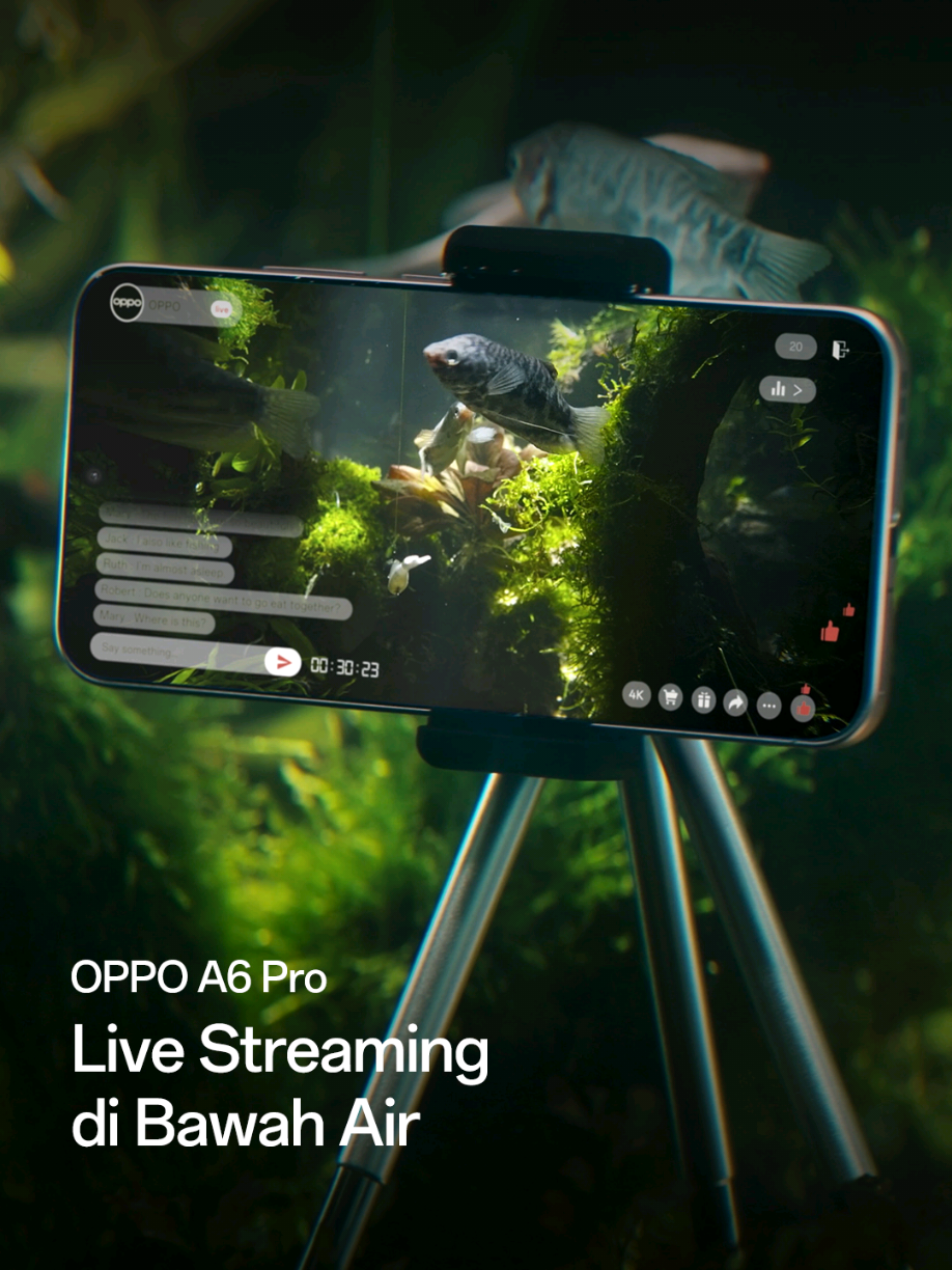 #OPPOA6Pro tetap stabil meski livestream di bawah air! 💧📱 Didukung IP66, IP68, IP69 & AI LinkBoost 3.0, eksplorasi tetap lancar kapan pun, bahkan saat basah-basahan! Cek di OPPO Store & e-commerce favoritmu sekarang! #AndalanSetiapSaat #PerformaLancar5Tahun