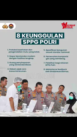 Dalam rangka mendukung program ketahanan pangan Polri mendirikan Satuan Pelayanan Pemenuhan Gizi (SPPG) untuk mendorong program Makan Bergizi Gratis (MBG). Polri di bawah komando Kapolri Jenderal Polisi Drs. Listyo Sigit Prabowo, M.Si., memastikan makanan dan minuman yang diproduksi SPPG Polri dalam kondisi baik melalui adanya uji laboratorium oleh tim Kedokteran dan Kesehatan (Dokkes) Polri. Terus Berkomitmen #WujudkanSDMUnggul Bentuk Generasi Emas 2045